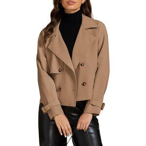 🆕Women Camel Cropped Trench Coat Double Breasted Lapel Casual Loose Fit